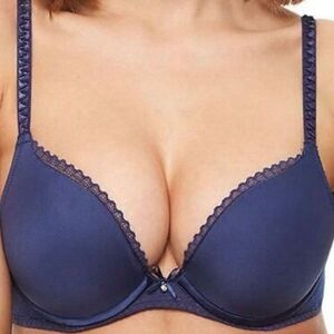 NWT - Chantelle Elegant Lace Trim Navy Blue Push Up Bra - Size 36D